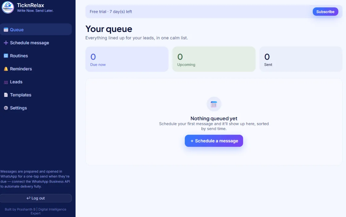The TicknRelax queue screen showing due now, upcoming and sent counts