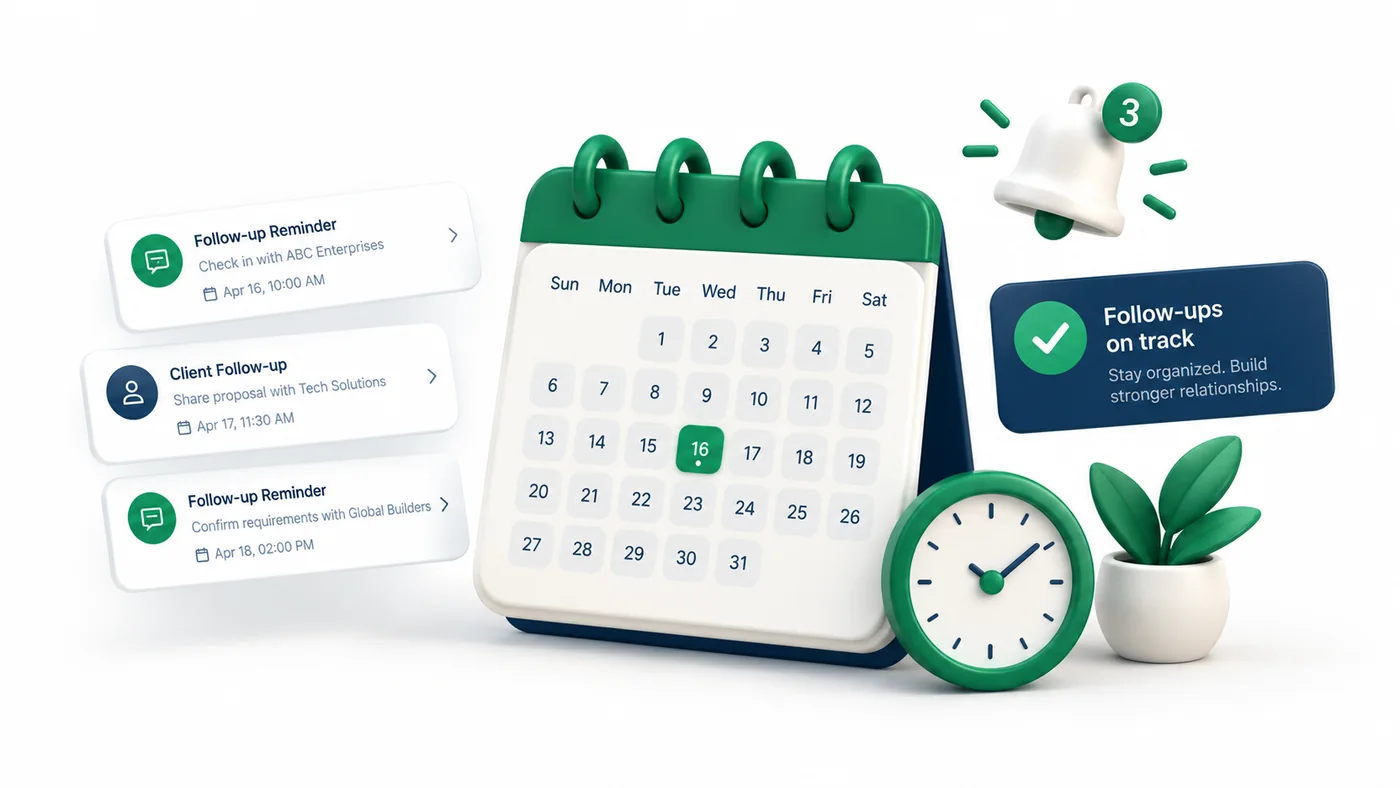 Follow-up reminders listed beside a calendar, a clock and a notification bell